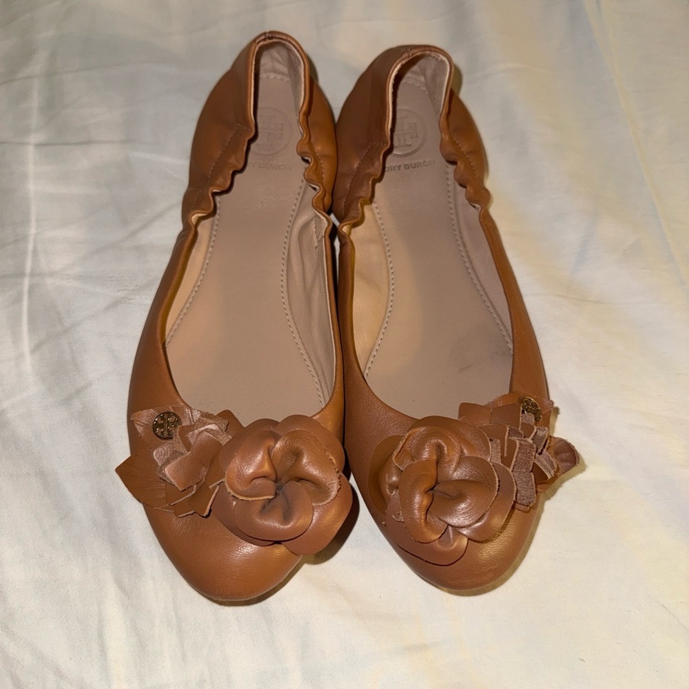 Tory Burch Brown Leather Flats with Rosette Accents